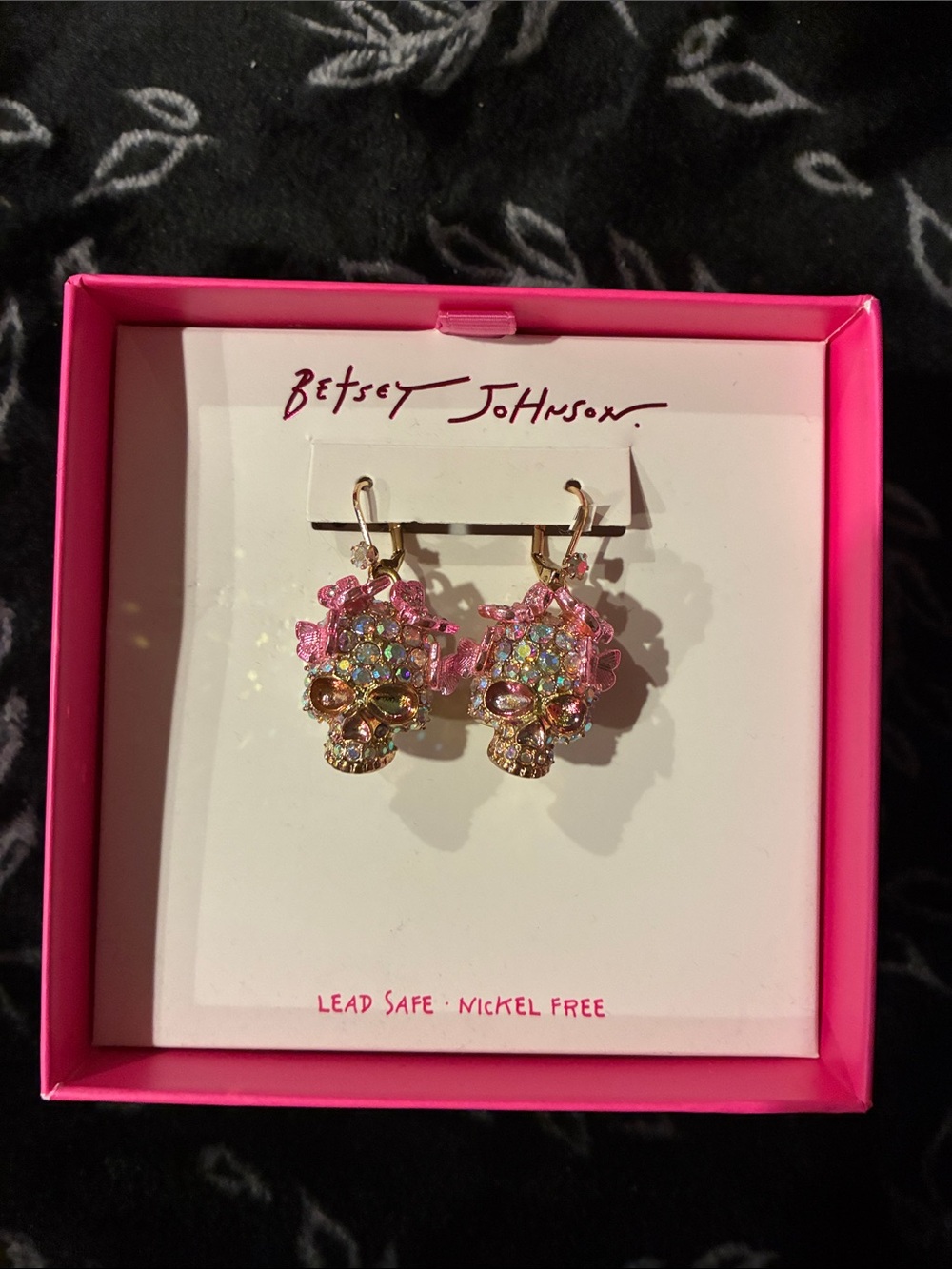 Betsey Johnson Pink Multicolor Crystal Skull Drop Earrings